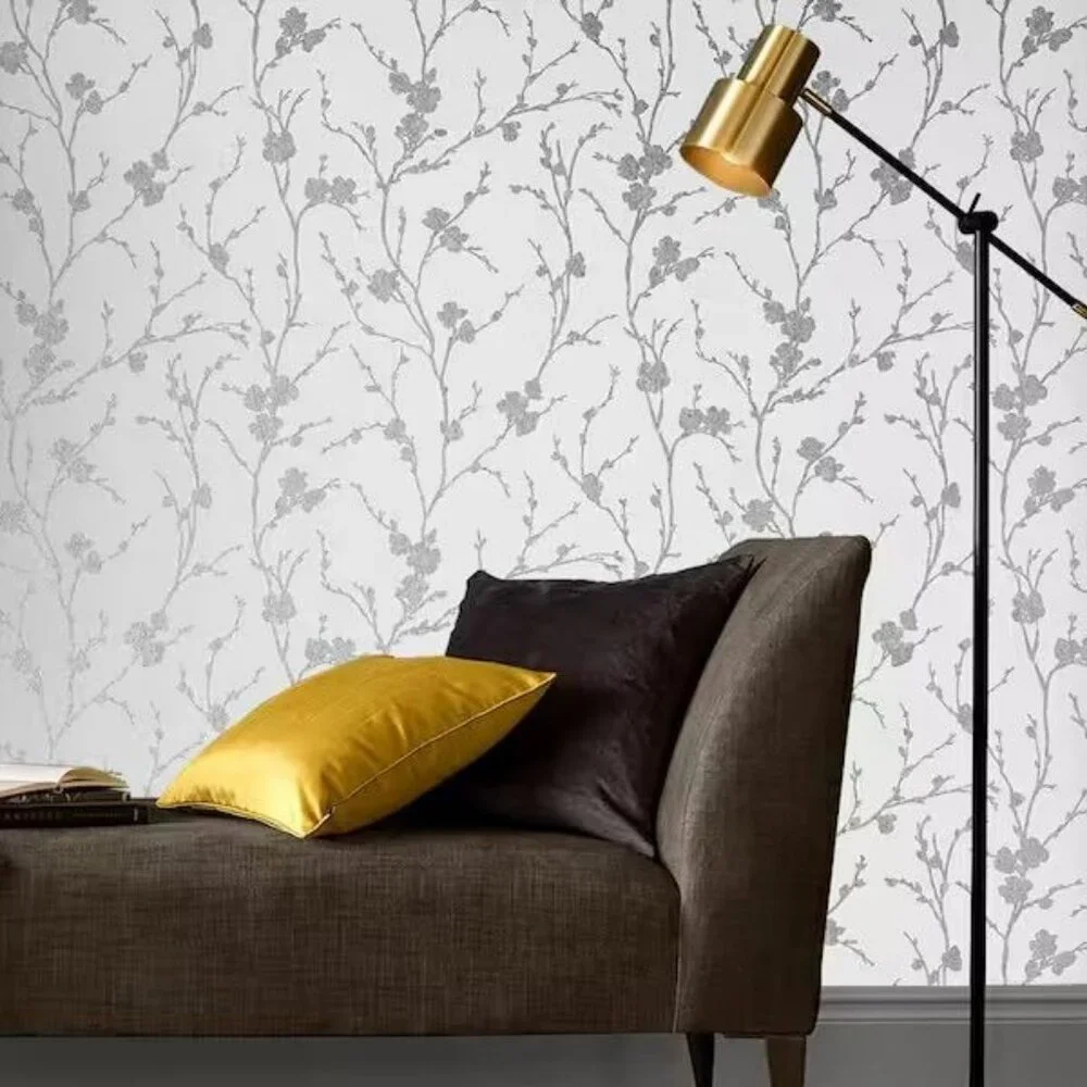 NEW Graham & Brown Meiying Floral Wallpaper Chalk White Silver Metallic Bloom